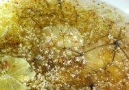 Elderflower and lemon steeping in a bowl.