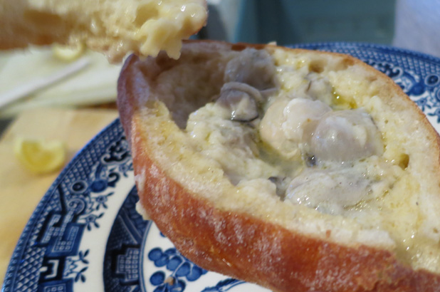 Oyster loaf ready to be eaten.