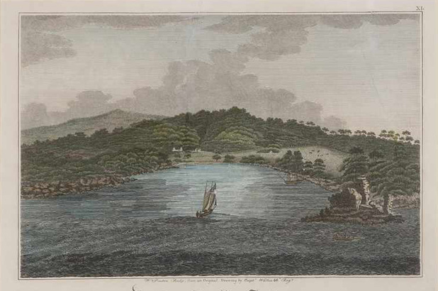 A hand coloured engraving showing Vaucluse Bay in 1820.