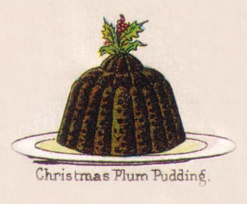 An illustration of a plum pudding with holly on top, in Mrs Beeton's Beeton’s every-day cookery and housekeeping book, 1895. 