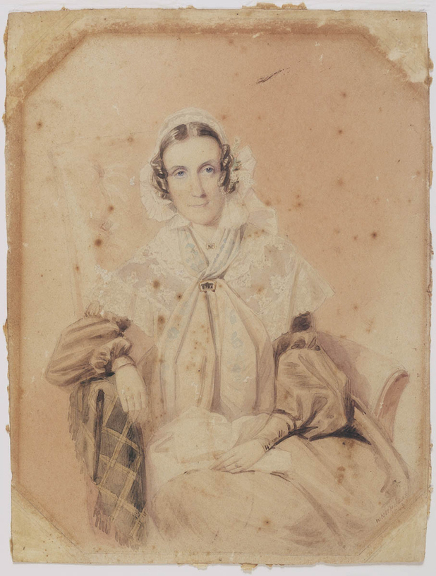 Watercolour portrait of Anna Maria Macarthur, 1843. 