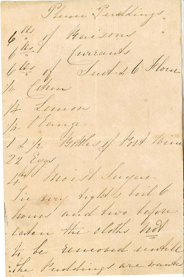 Handwritten recipe for plum pudding.