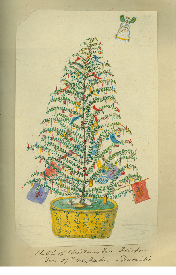 A watercolour painting of a Christmas tree with colourful decorations, 1860. 