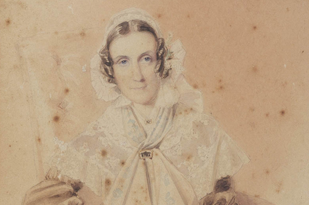 Detail of a watercolour portrait of Anna Maria Macarthur, 1843.