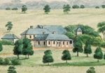 Depicting Elizabeth Farm in a rural landscap, the smokehouse can be seen poking out through the bushes.