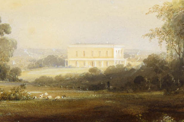 Detail of an artwork showing a large house in a rural setting.