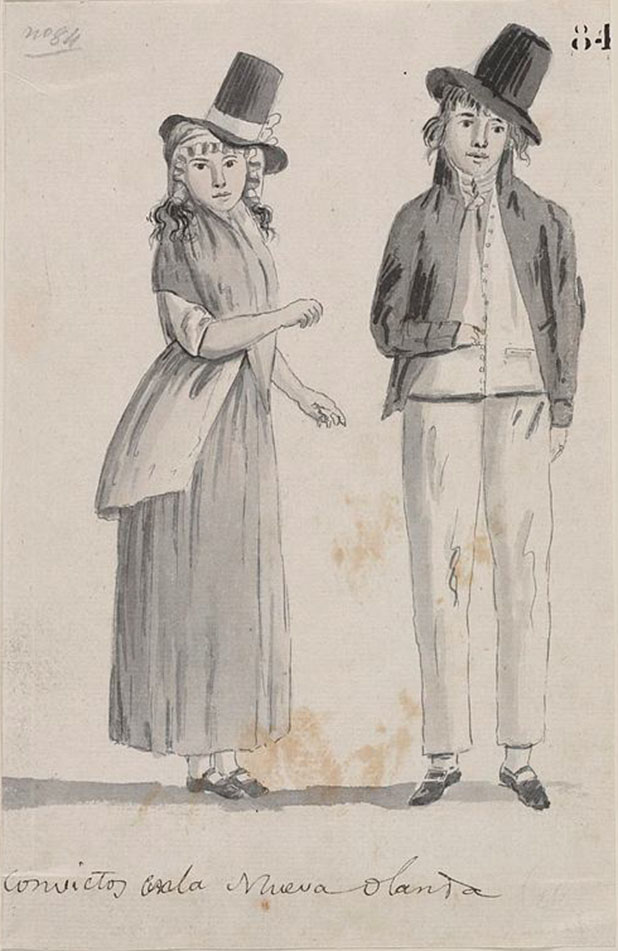 Drawings made on the Spanish Scientific Expedition to Australia and the pacific, showing a convict man and woman.