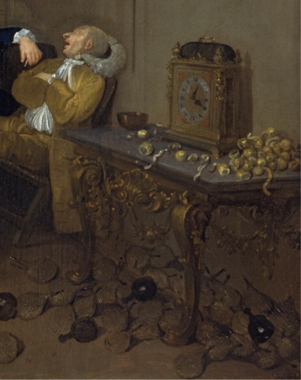 A detail of Hogarth's satirical view, showing a pile of discarded bottles and citrus used in making punch.