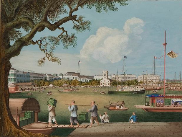 The waterfront at Canton with the American, British and Danish factories and the Protestant Church. c1847-56 Studio Tingqua (active 1840-1870). HHT, Caroline Simpson collection.