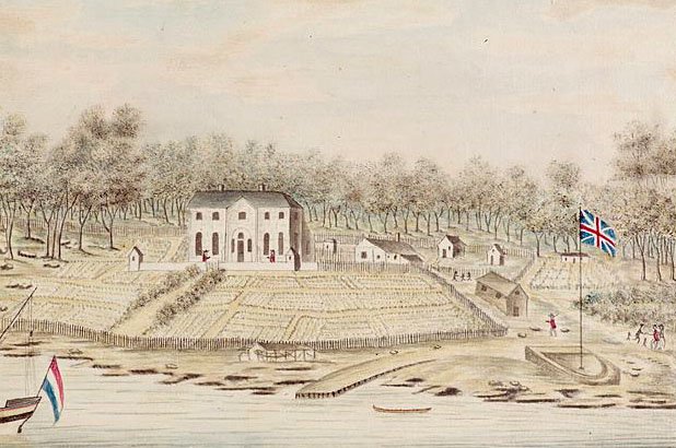 A drawing of first Government House, Sydney, showing the surrounding gardens, water and meeting of Aboriginal and European peoples.