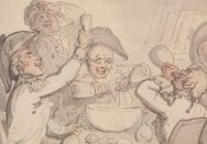 A group of naval officers carousing around a punch bowl