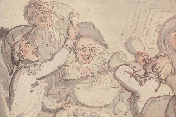 A group of naval officers carousing around a punch bowl