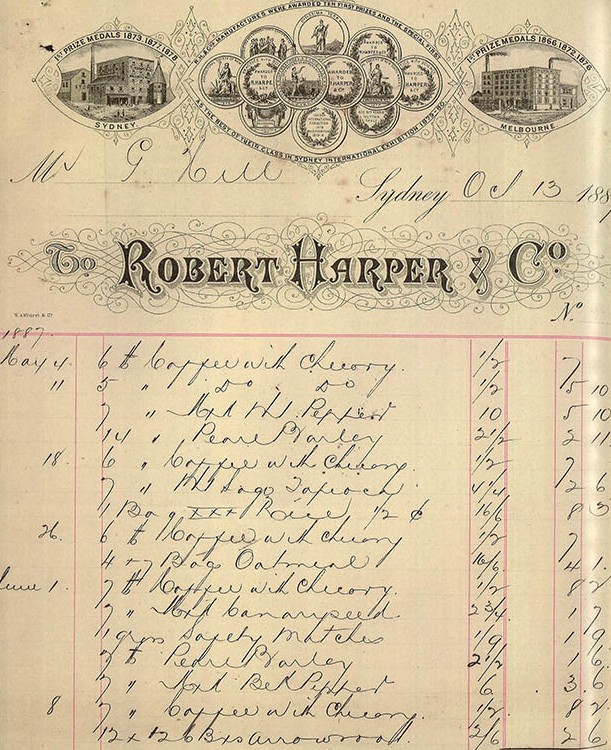 A list of items supplied to George Hill, with a recorative header showing medals and factories.