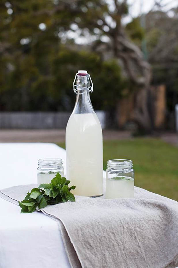 Ginger beer in a bottle and 2 glass jars, with mint.