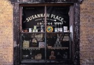 Susannah Place shop window, showing old fashioned goods for sale, re-created to c1915.