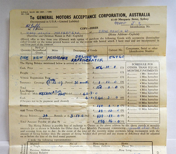 Mary Macgregor's hire purchase contract for a refrigerator from the Meroogal collection.