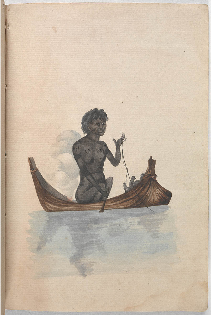 Watercolour of an Aboriginal woman in a canoe fishing with a line