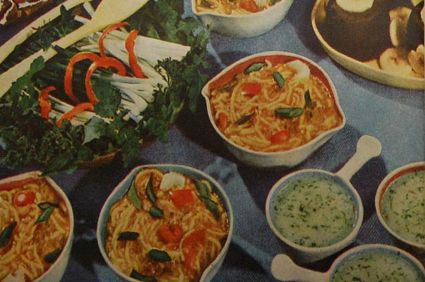 Photograph of spaghetti and left over casserole from Australian Home Beautiful, September 1951