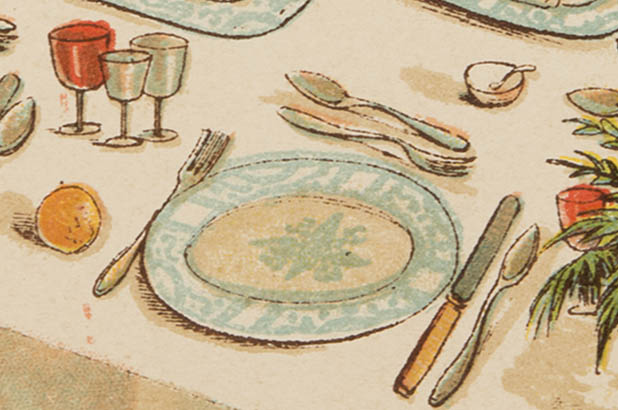 Detail of a set table, showing a a plate, cutlery and glasses.