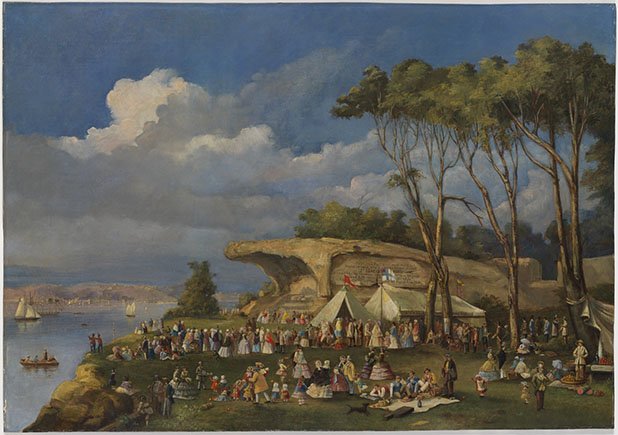 Oil painting, Picnic at Mrs Macquarie's Chair, by an unknown artist, 1855?