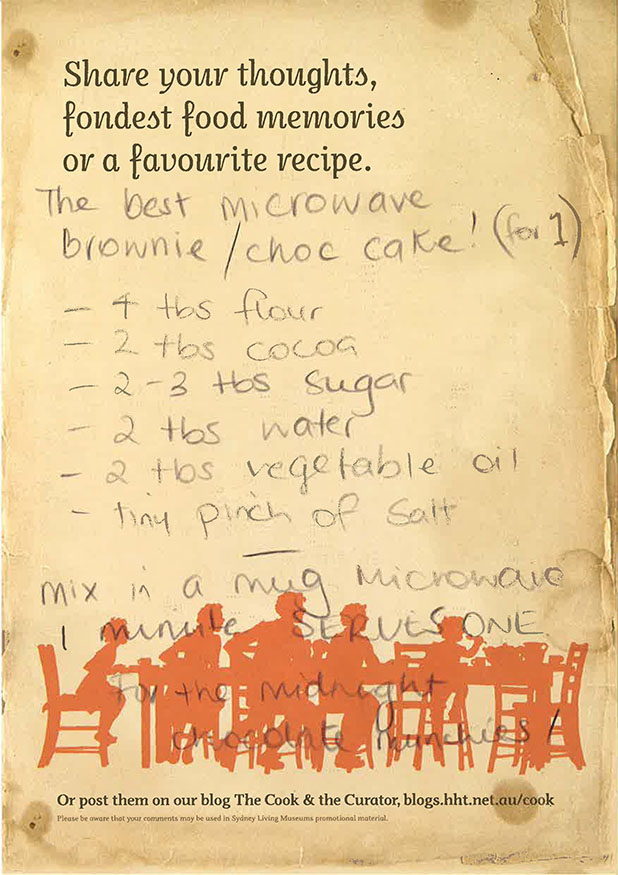 Microwave brownie choc cake recipe left by a visitor to Eat your history.