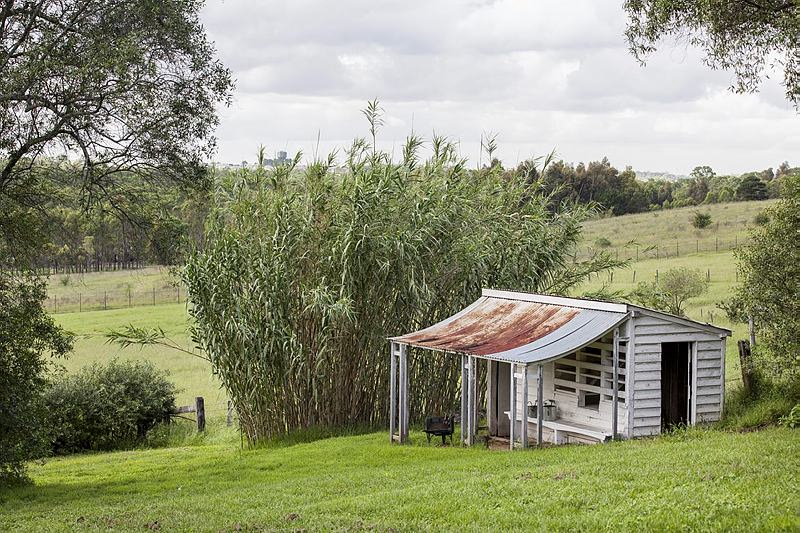 View south-east through the garden at Rouse Hill House and Farm towards the potting shed and beyond over the Regional Park.