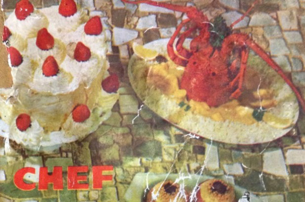 The encouraging cover of the Terry family's new Chef gas cooker instruction booklet, with illustrations of curried lobster and a pavlova.