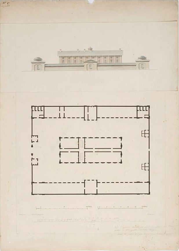 Port Jackson. Plan et Elevation de la Caserne des Convicts, à Sydney is a pen and ink drawing which shows the familiar Barracks central dormitory building and gatehouses, the solitary cells, superintendent's quarters and bakehouse of the northern range and the kitchen, and mess-rooms of the southern range which have long since been demolished.