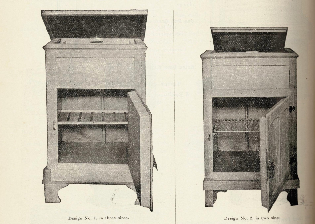 Ice chests advertised by Anthony Hordern and Sons Chilcott refrigerator Design no1 and Design no2