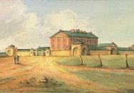 A watercolour painting of Hyde Park Barracks