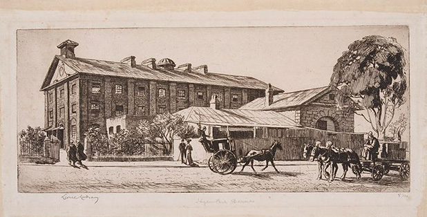 Etching by Sir Lionel Lindsay showing the Central Dormitory Building and remains of the South Range, viewed from Hyde Park looking North East.