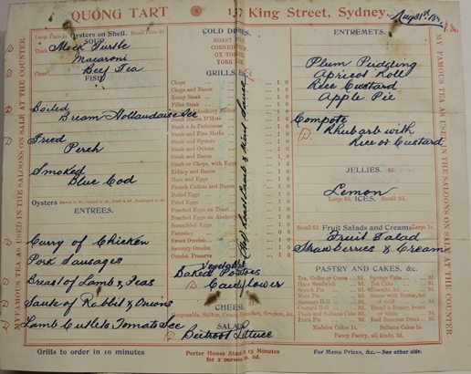 Handwritten Quong Tart tearooms menu