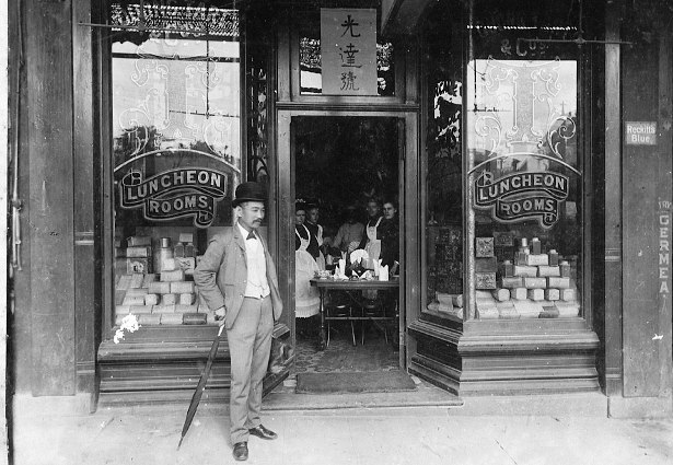 Quong Tart in front of tea rooms