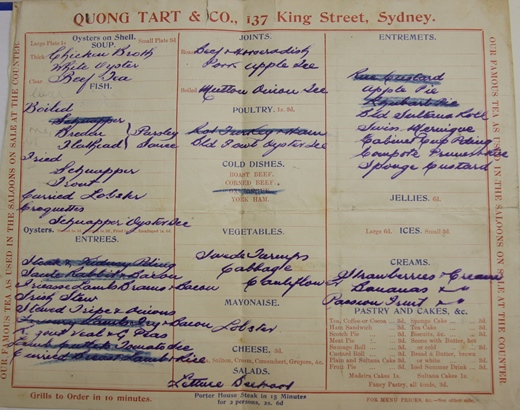 Handwritten Quong Tart tearooms menu