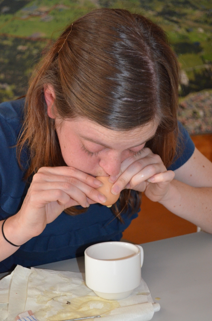 Blowing eggs for display in the Eat Your History: A Shared Table exhibition