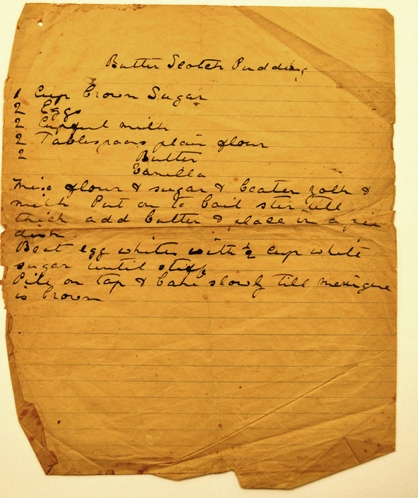 Rouse family manuscript recipe for butterscotch pudding 