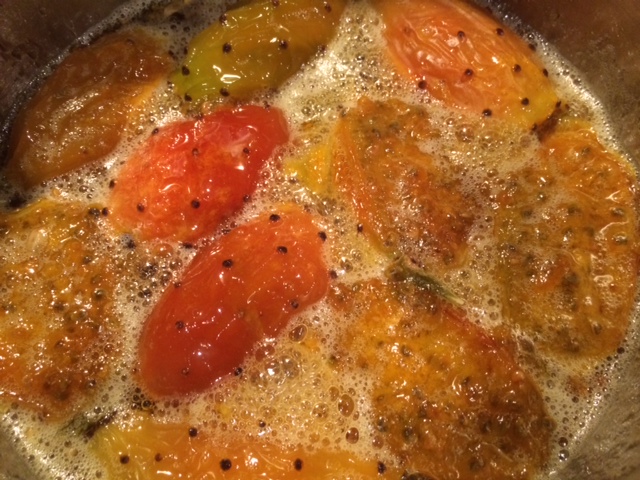 Prickly pears simmering with sugar and lemon juice