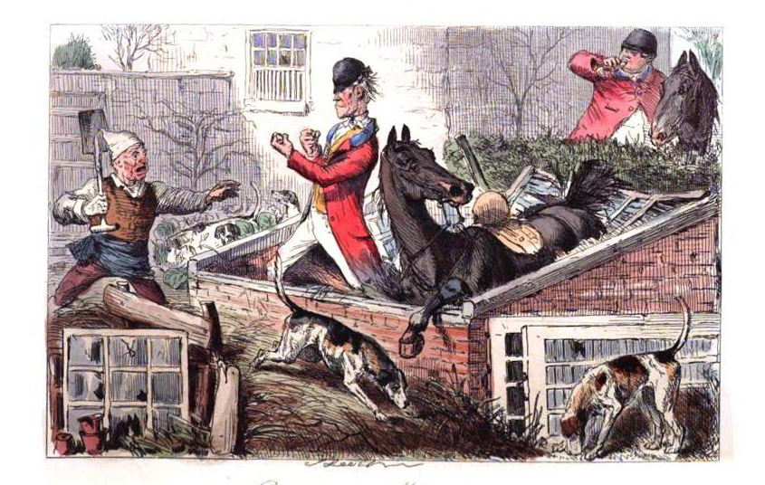 Coloured illustration of a horse and rider inside a broken brick structure surrounded by fox hounds