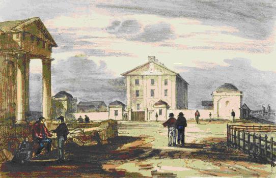 Hyde Park Barracks [1836] detail showing the guardhouses with their original domes. The large domed pavilion to the right pavilion was demolished in 1918. Museum of Sydney on the site of first Government House collection.