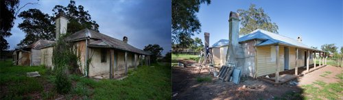 before and after photograph of colonial cottage restoration